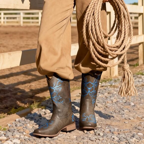Dream Pairs Women's Dark Brown  Cowboy Boots Square Toe Embroidered Mid Calf - Picture 3 of 6